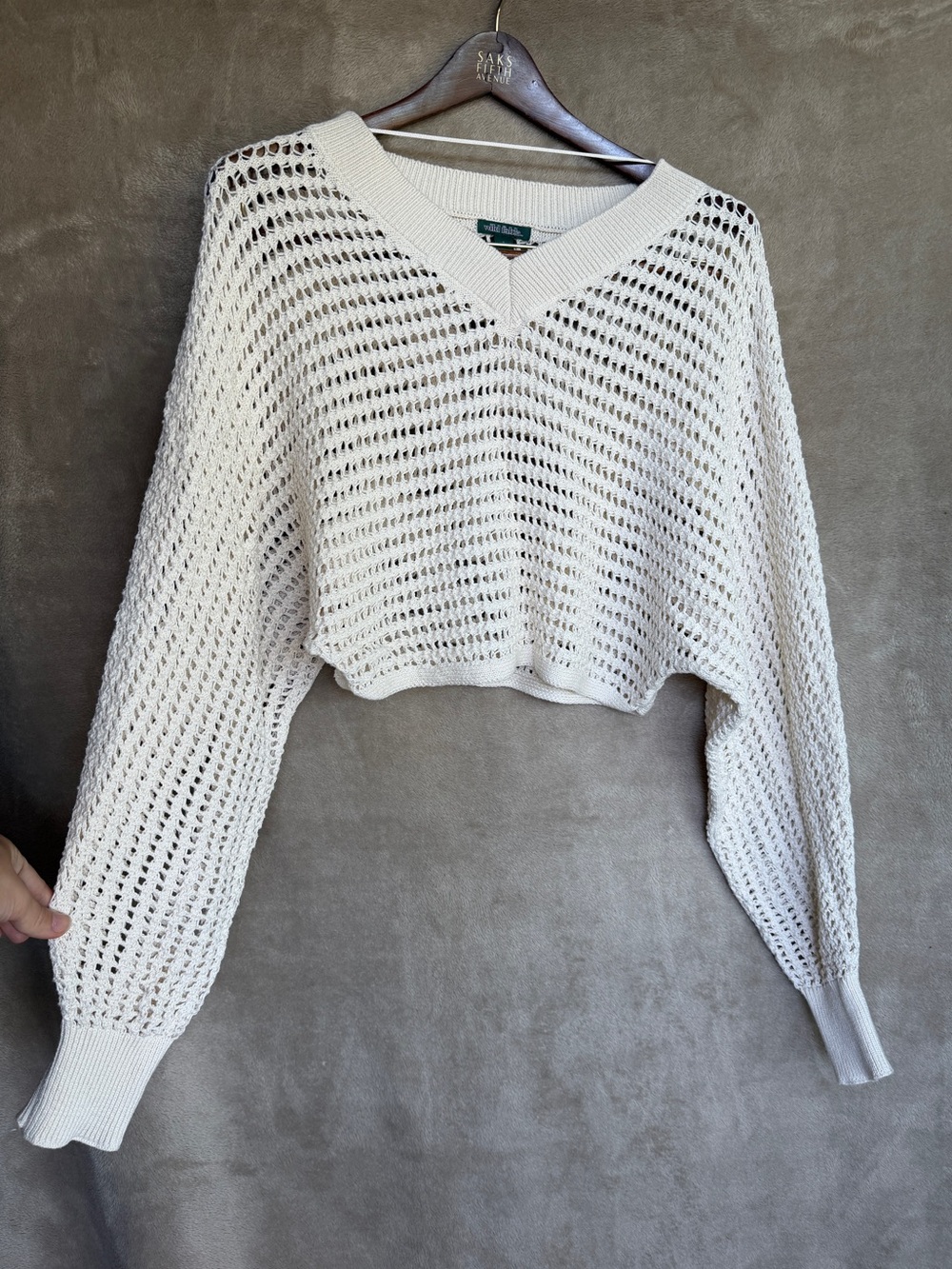 wild fable Cream Open-Knit V-Neck Cropped Sweater
